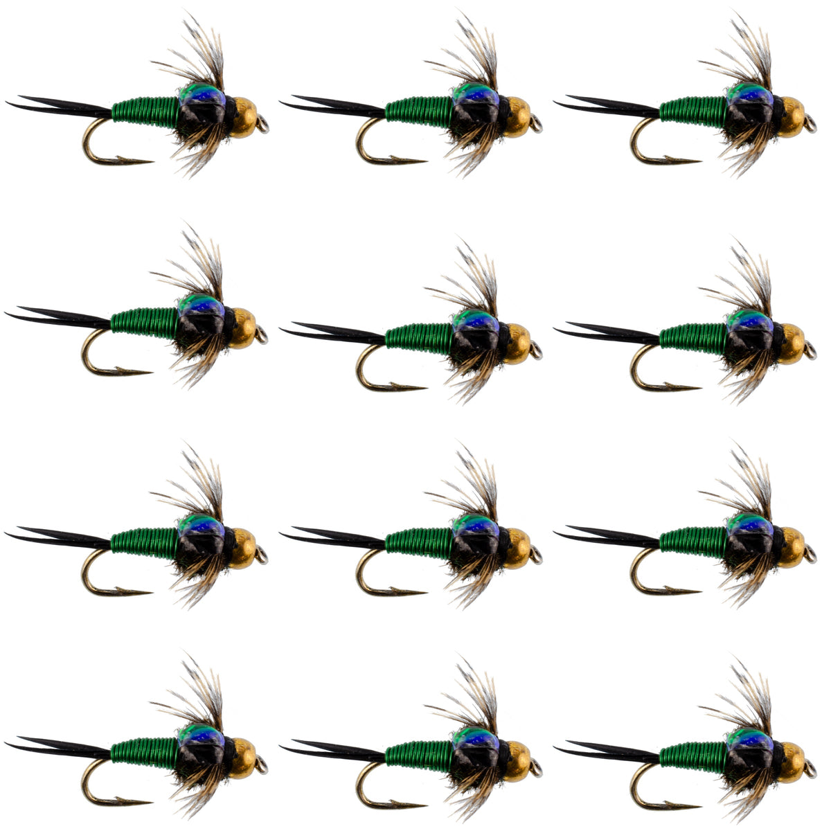 Bead Head Green Copper John Nymph Fly Fishing Flies - 1 Dozen Flies Hook Size 12